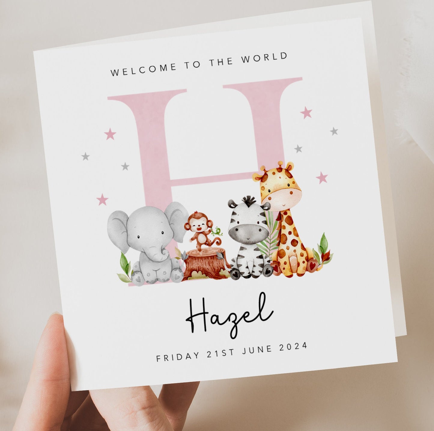 Pink Initial and Animals - New Baby Girl Card