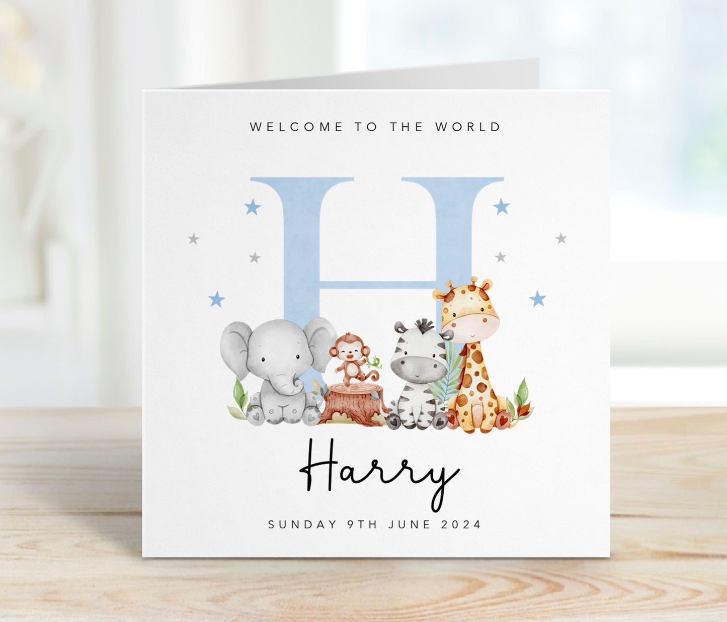 Blue Initial and Animals - New Baby Boy Card
