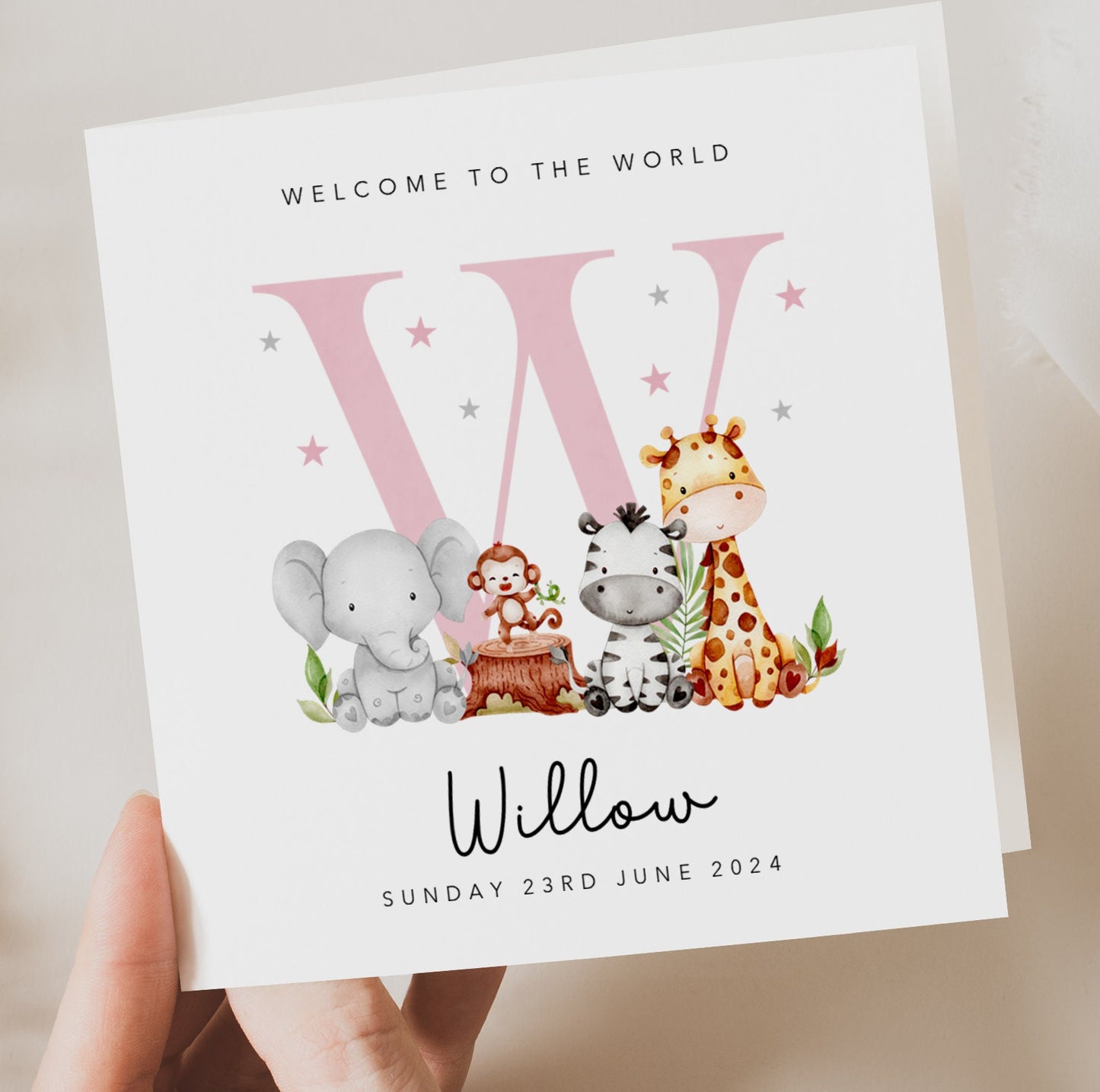 Pink Initial and Animals - New Baby Girl Card