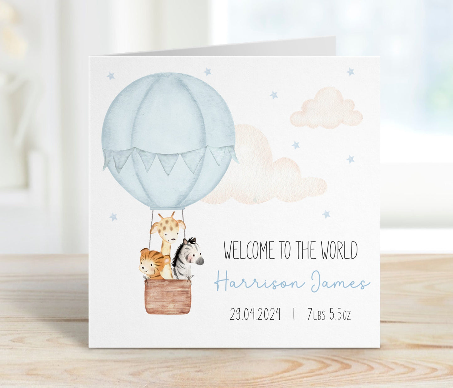 Blue Hot Air Balloon - New Baby Boy Card