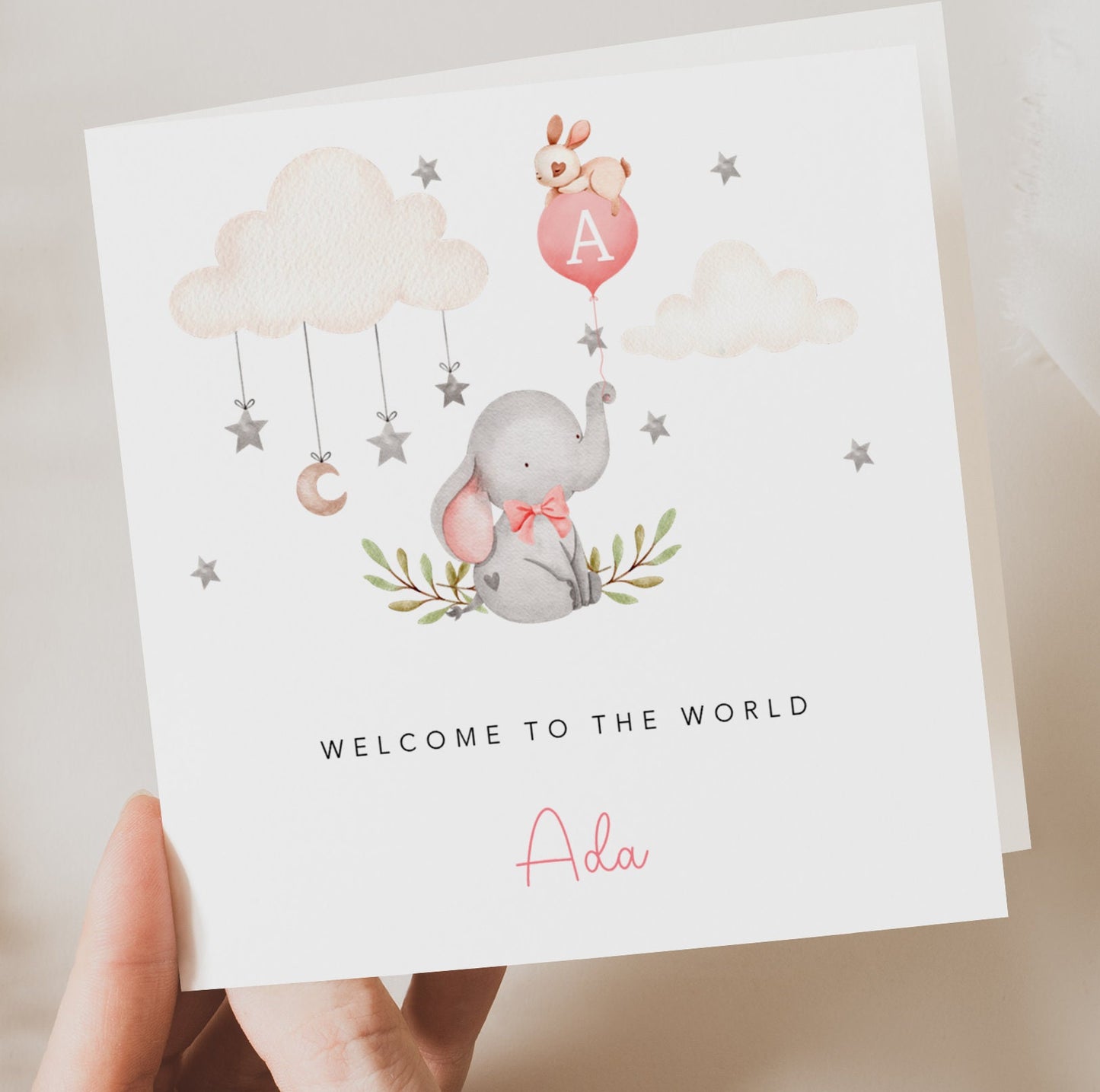 Elephant with Pink Balloon New Baby Girl Card