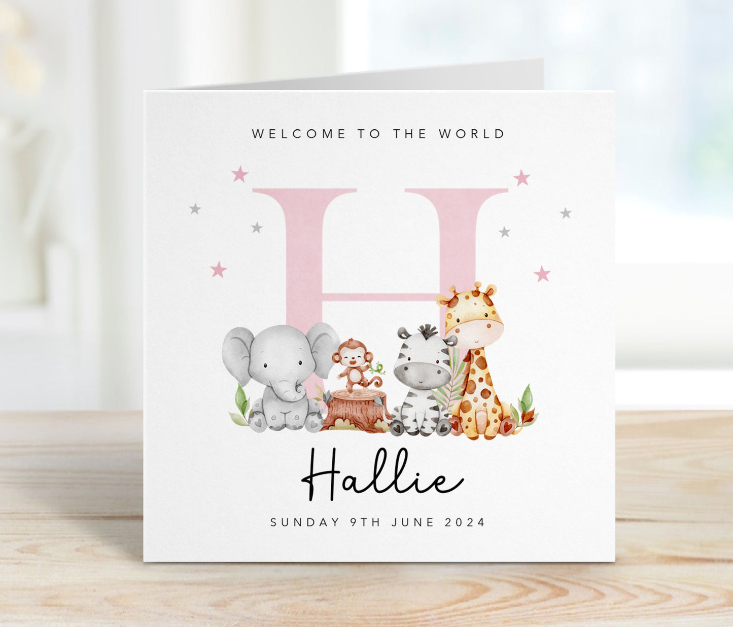 Pink Initial and Animals - New Baby Girl Card