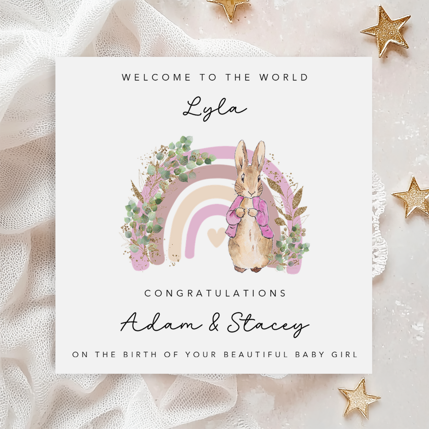 Pink Rainbow Rabbit Baby Girl Card