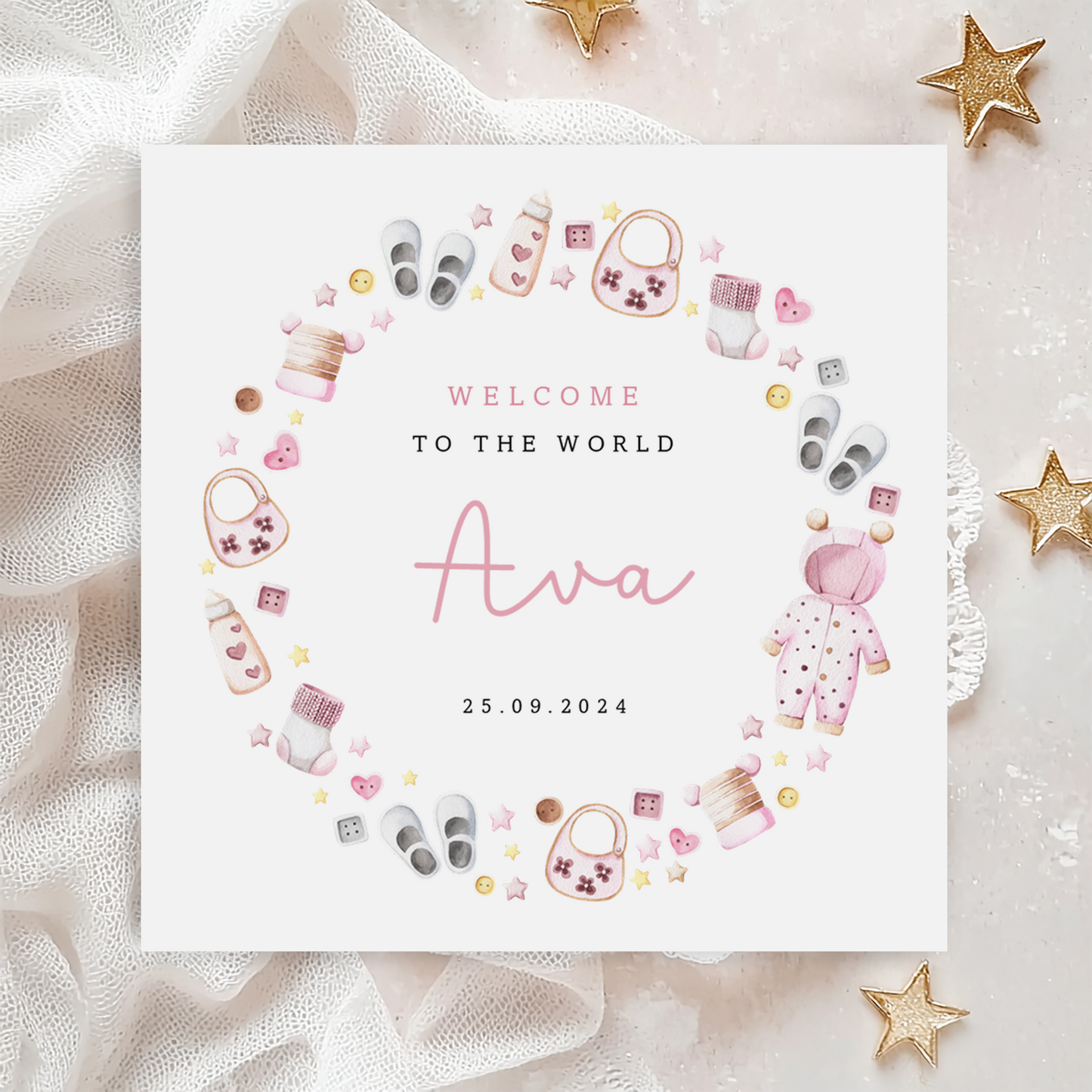 Pink Baby Toys Wreath - New Baby Girl Card