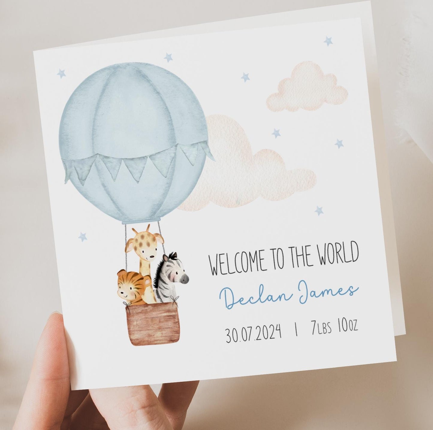 Blue Hot Air Balloon - New Baby Boy Card