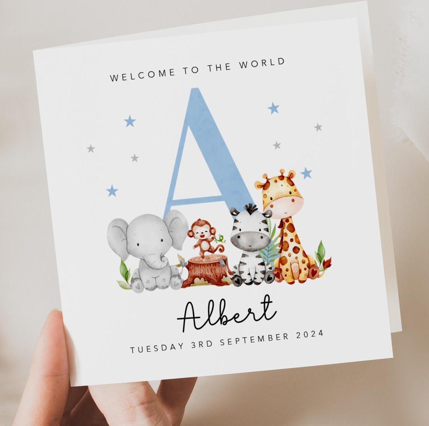 Blue Initial and Animals - New Baby Boy Card