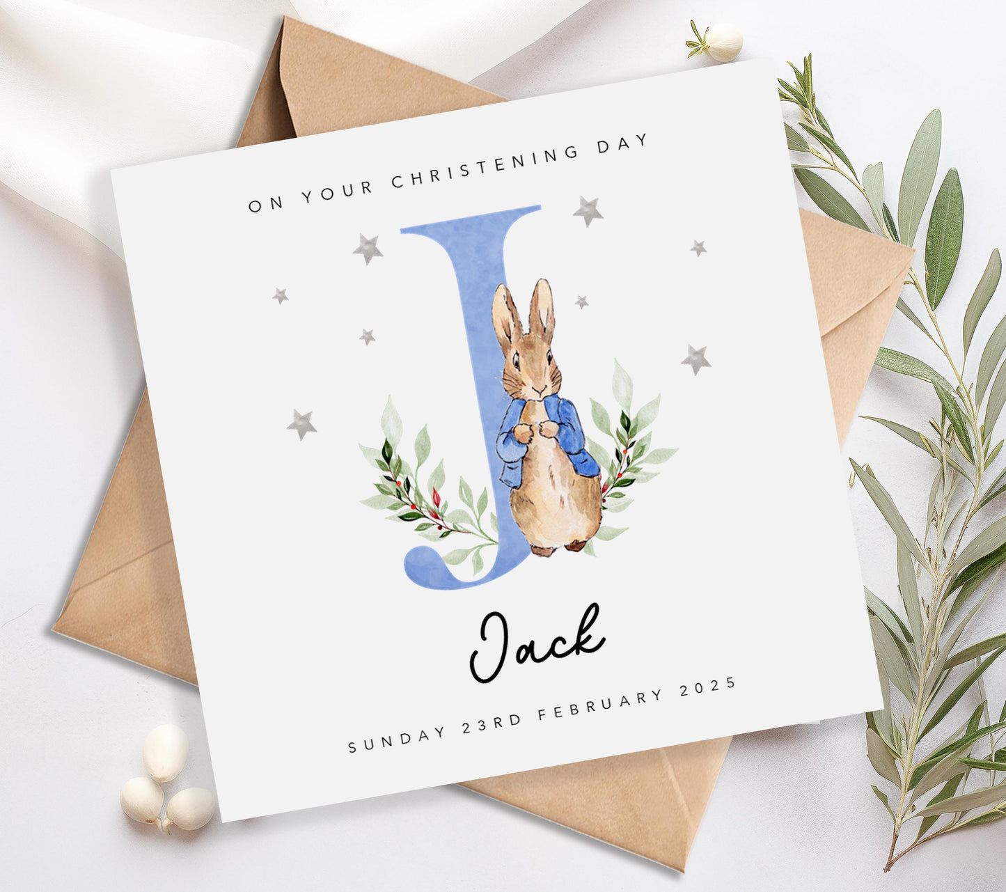 Blue Initial Christening Card