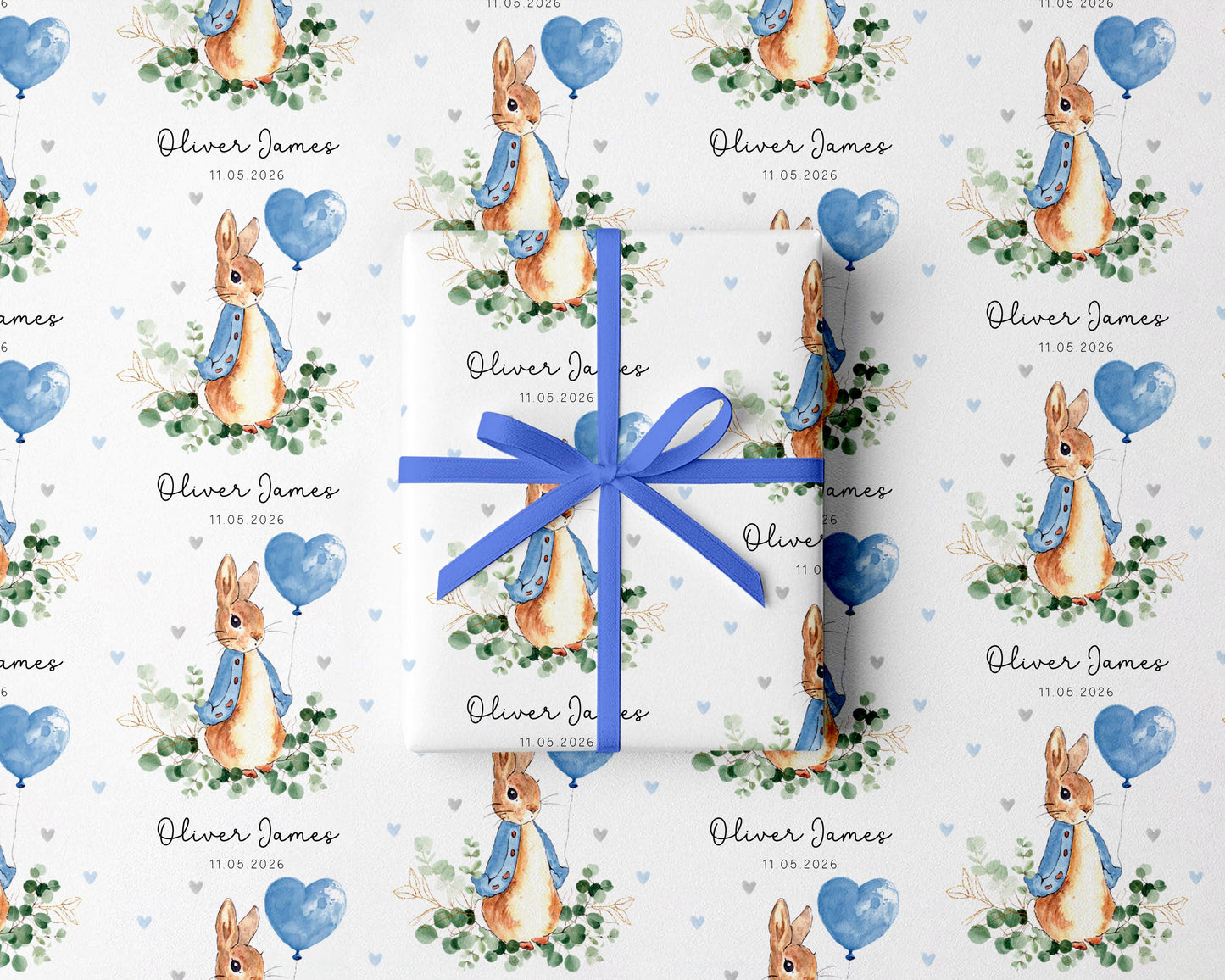 Personalised Blue Rabbit Christening Gift Wrap | Wrapping Paper | WRAP0045