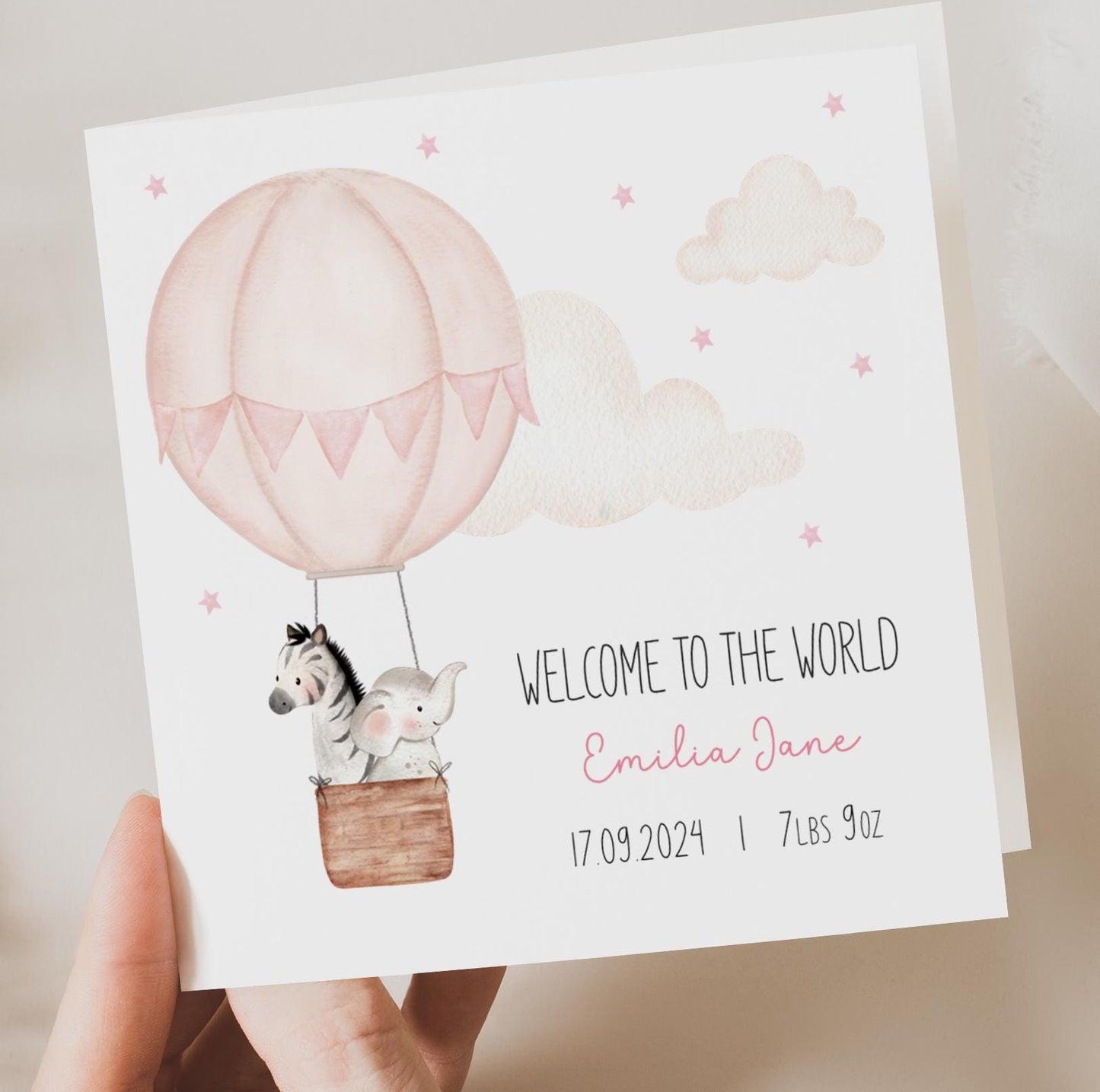 Pink hot air balloon and animals - New Baby Girl Card