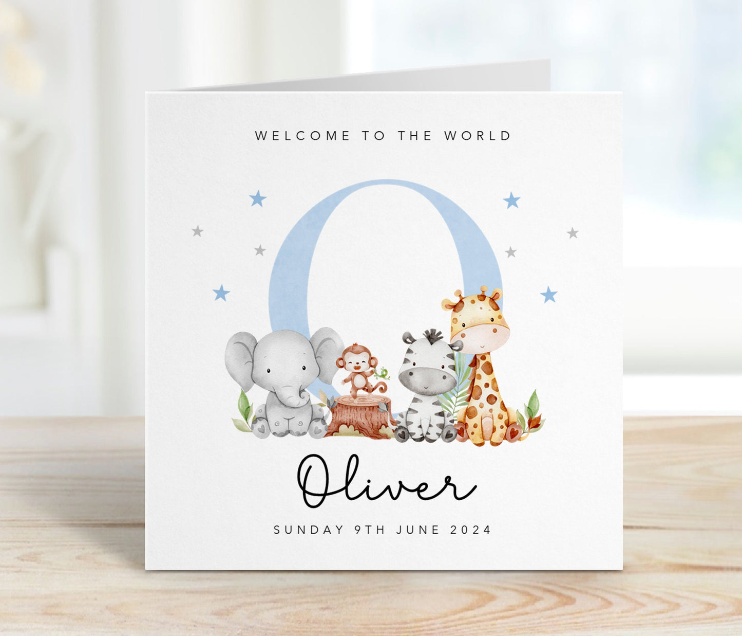 Blue Initial and Animals - New Baby Boy Card