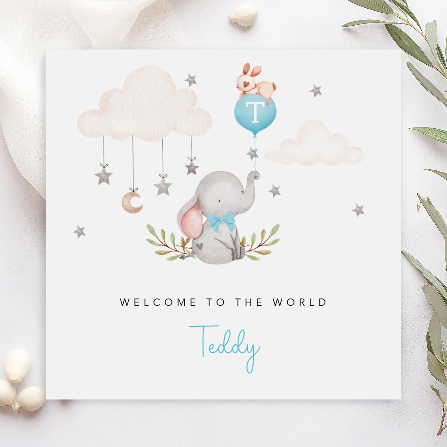 Elephant with Blue Balloon New Baby Boy Card