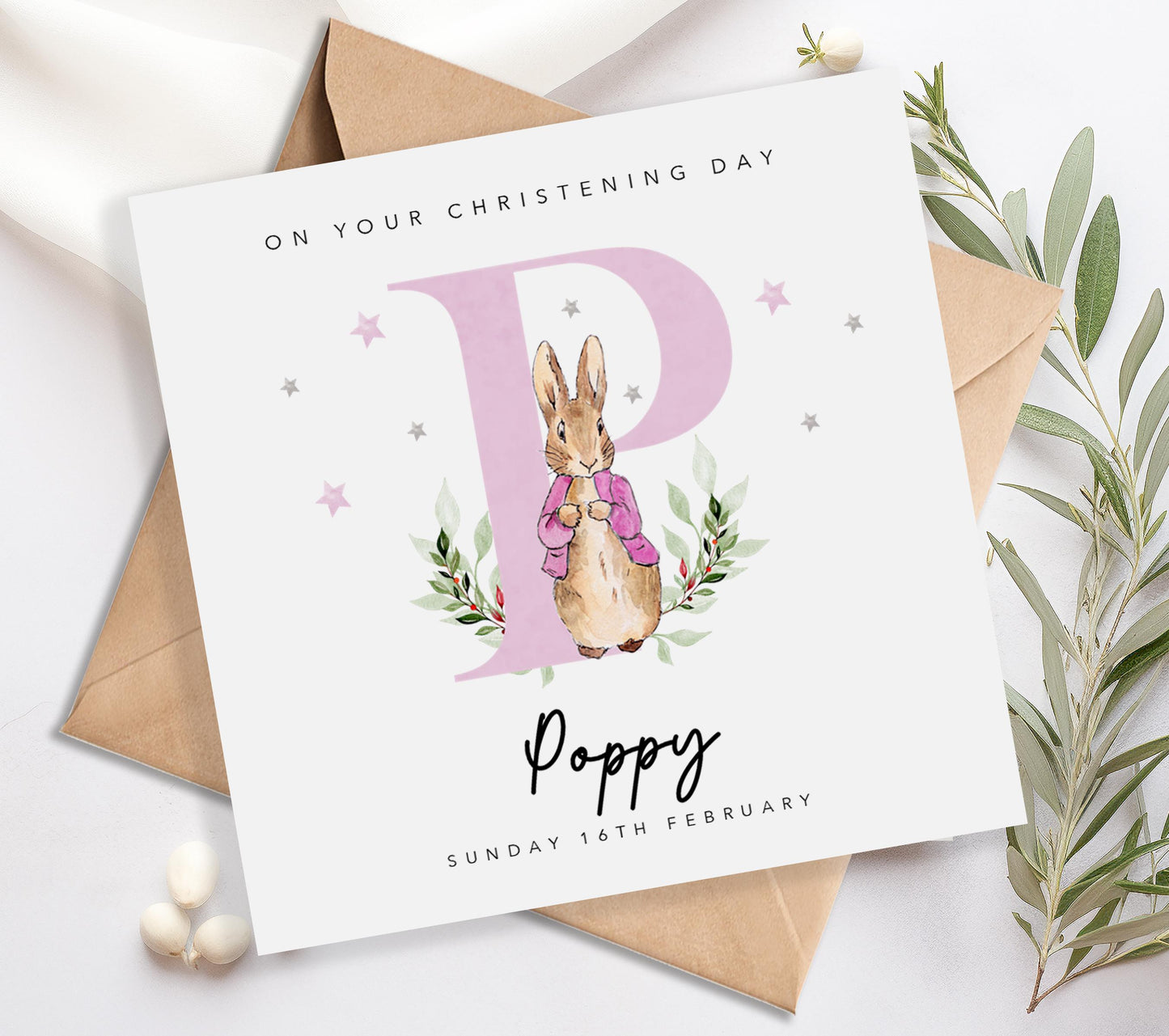 Pink Initial Christening Card