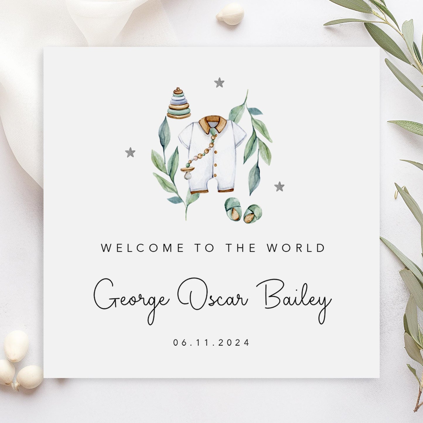 White Romper Suit New Baby Boy Card