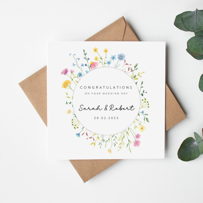 Wild Flowers Wreath Personalised Wedding Card