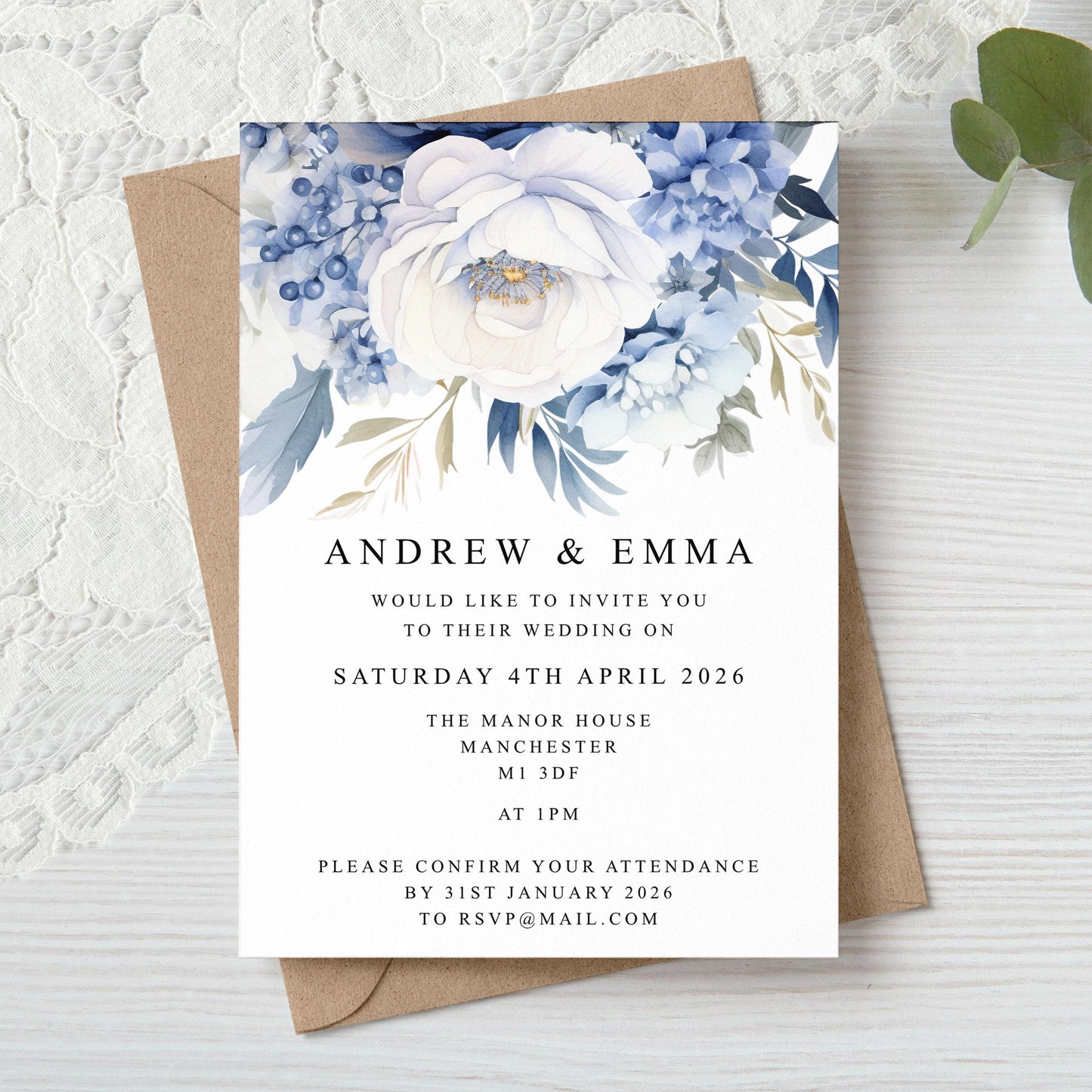 Dusky Blue Floral Wedding Invitation