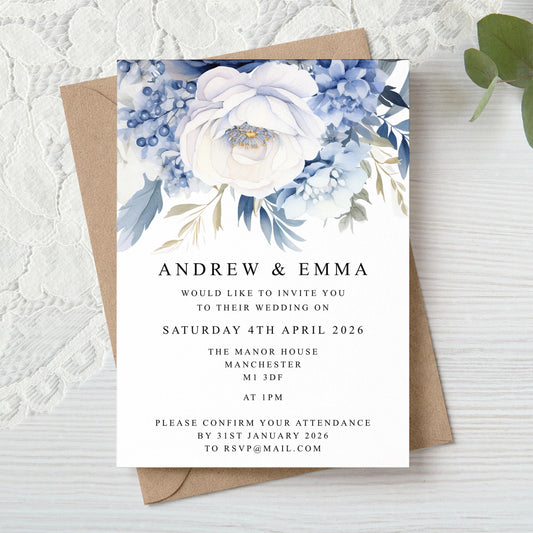 Dusky Blue Floral Wedding Invitation