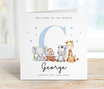 Blue Initial and Animals - New Baby Boy Card