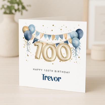 Personalised 100th Birthday Card for Him - Blue and Gold | B18