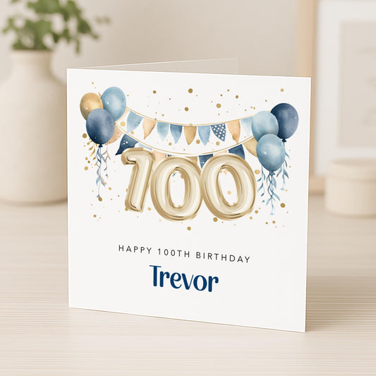 Personalised 100th Birthday Card for Him - Blue and Gold | B18