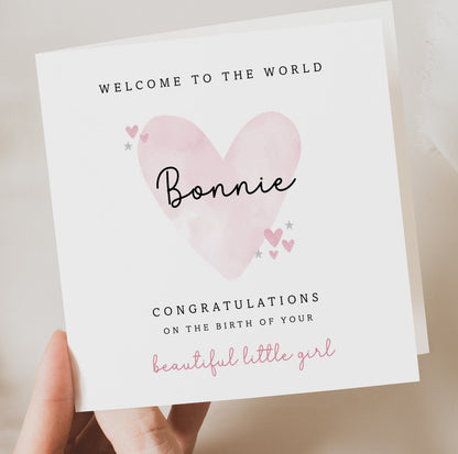 Pink Heart New Baby Girl Card