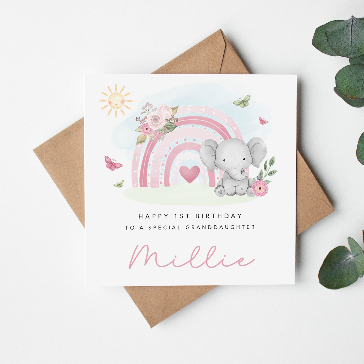 Pink Rainbow and Elephant Personalised Birthday Card