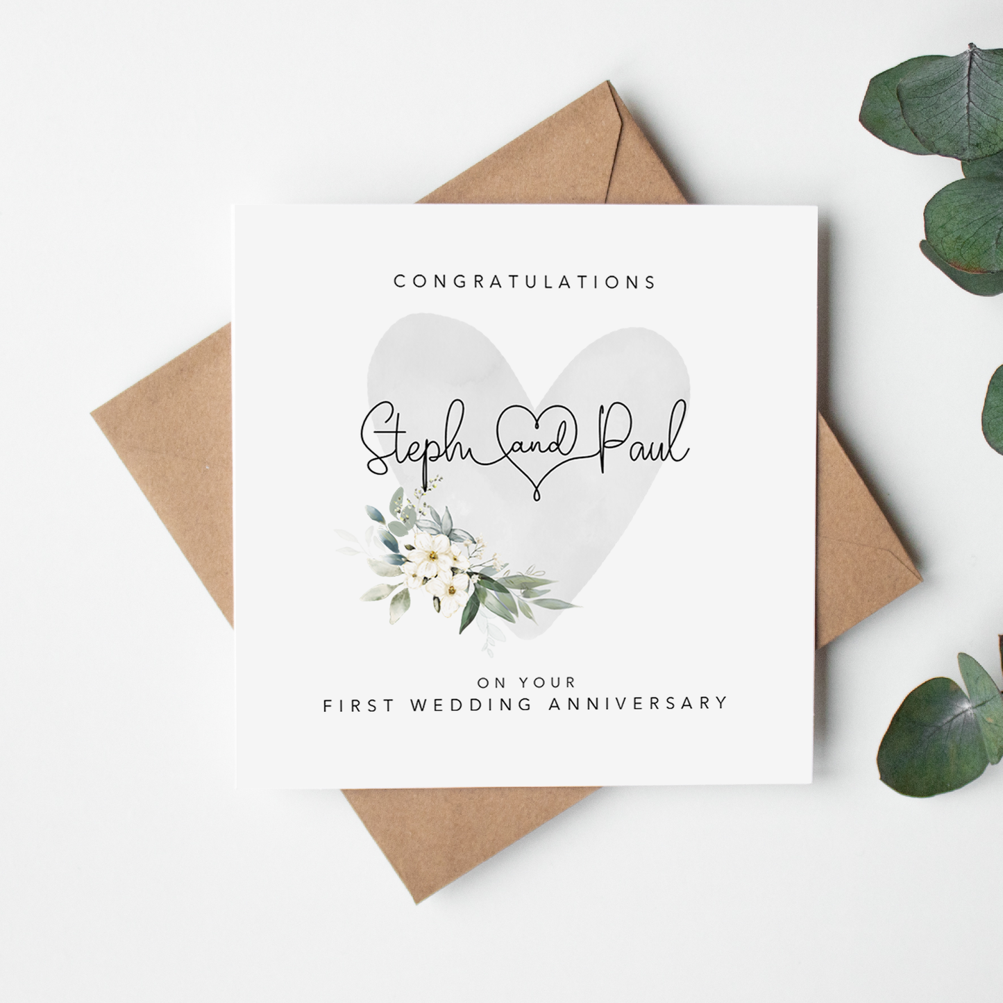 Personalised First Anniversary Card - Grey with White Flowers