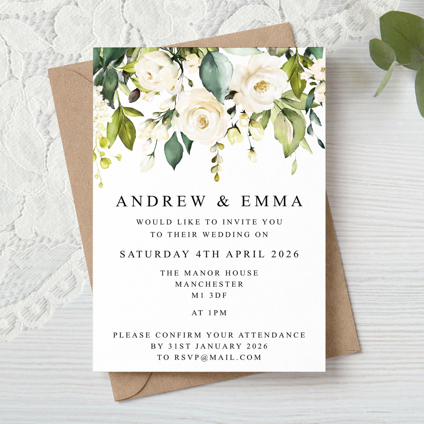 White Roses Floral Wedding Invitation
