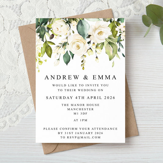 White Roses Floral Wedding Invitation