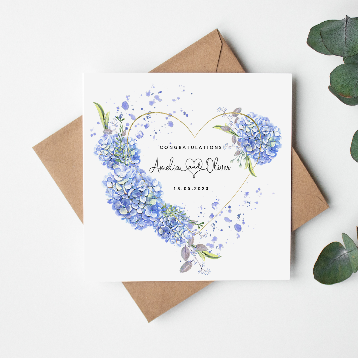 Blue Hydrangea Heart Personalised Wedding Card