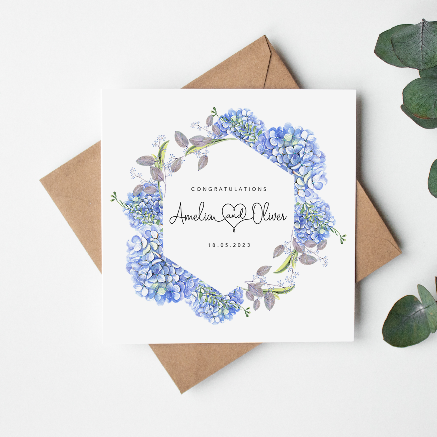 Blue Hydrangea Wreath Personalised Wedding Card