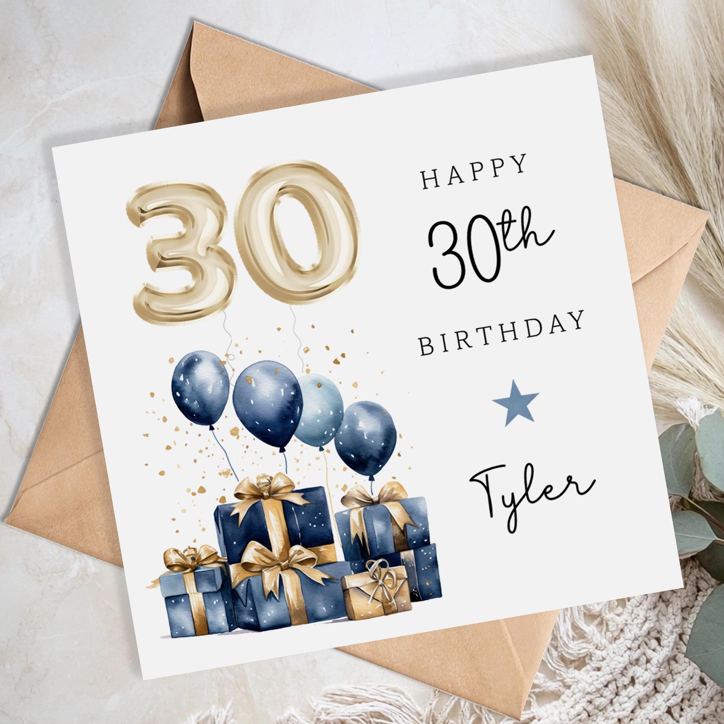 Personalised 30th Birthday Card for Him - Blue and Gold Balloons | B59