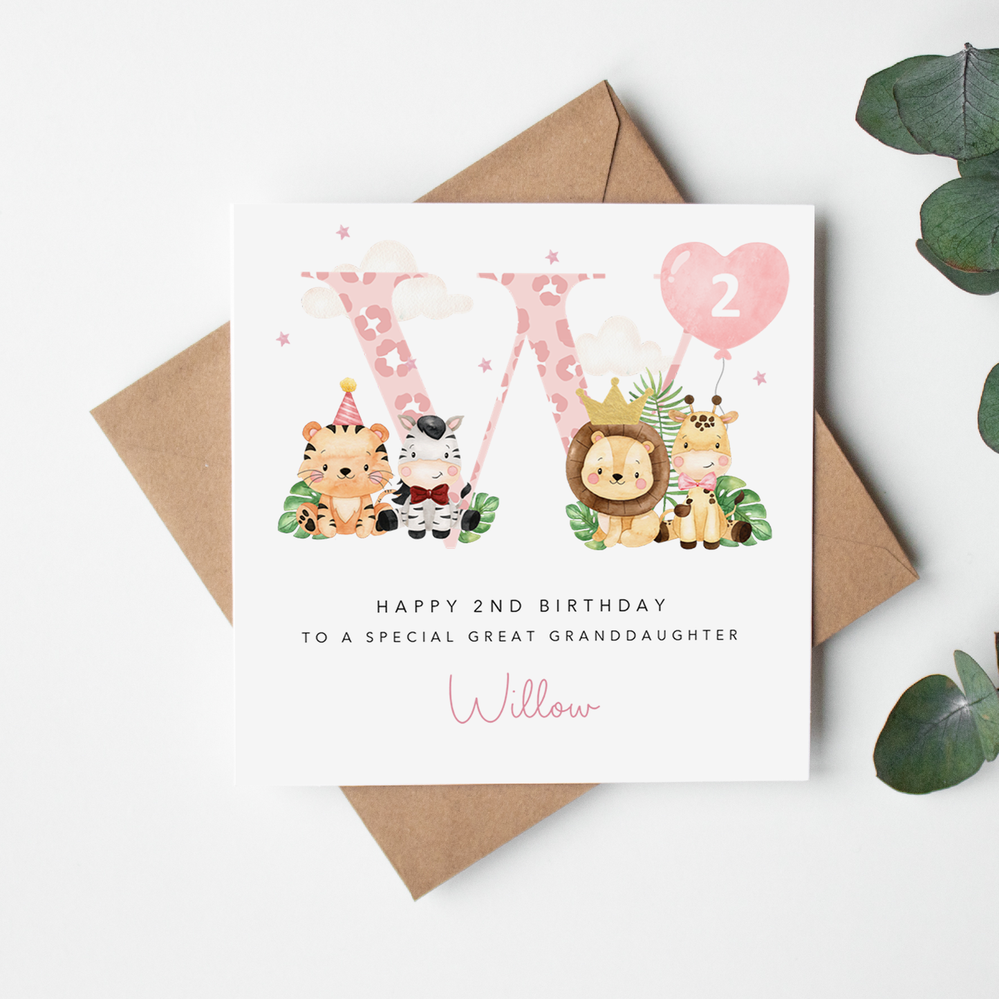 Safari Initial with Balloon Personalised Birthday Card - Pink