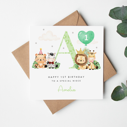 Safari Initial with Balloon Personalised Birthday Card - Green