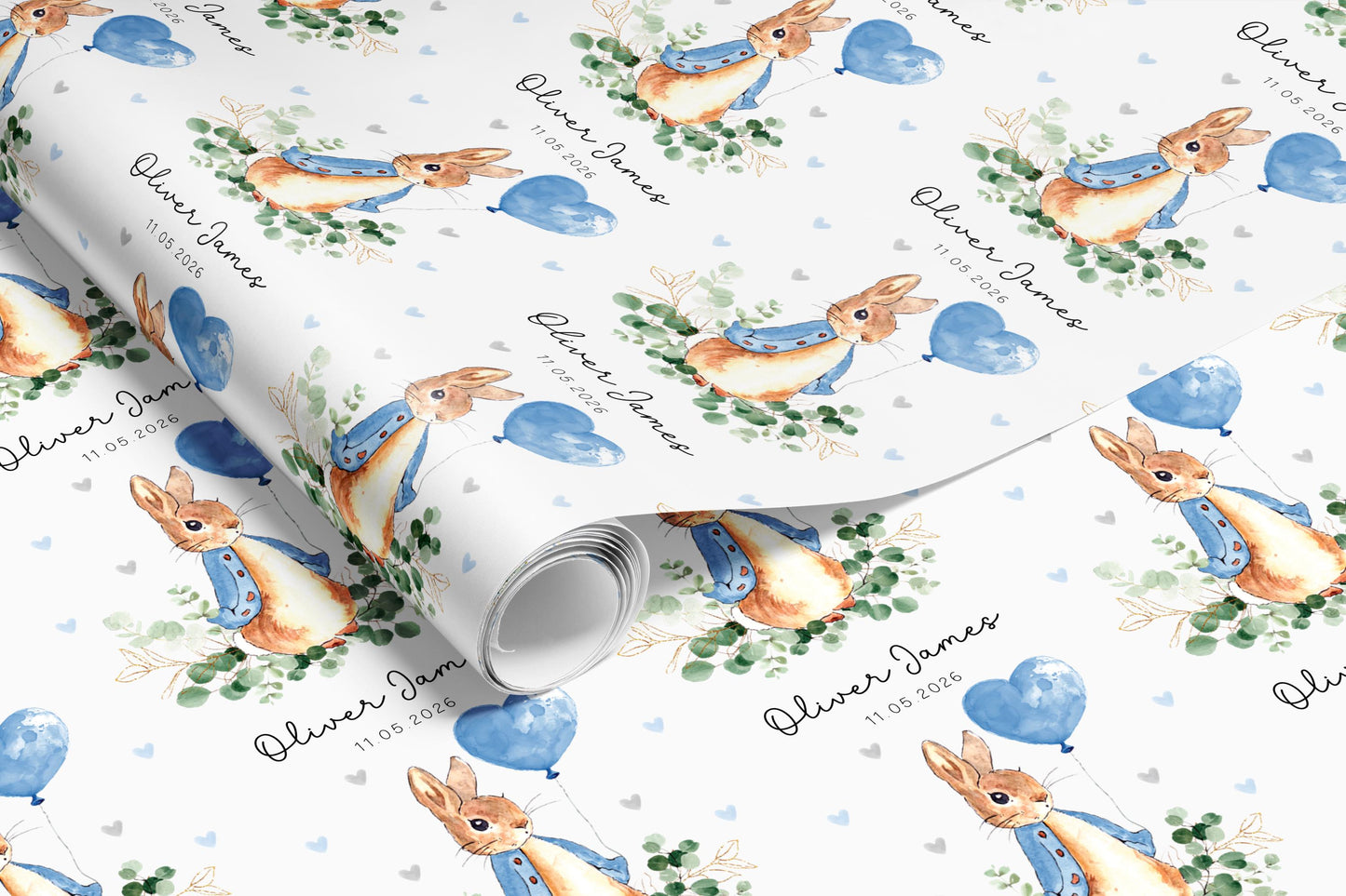 Personalised Blue Rabbit Christening Gift Wrap | Wrapping Paper | WRAP0045