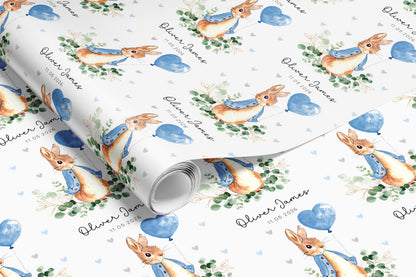Personalised Blue Rabbit Christening Gift Wrap | Wrapping Paper | WRAP0045
