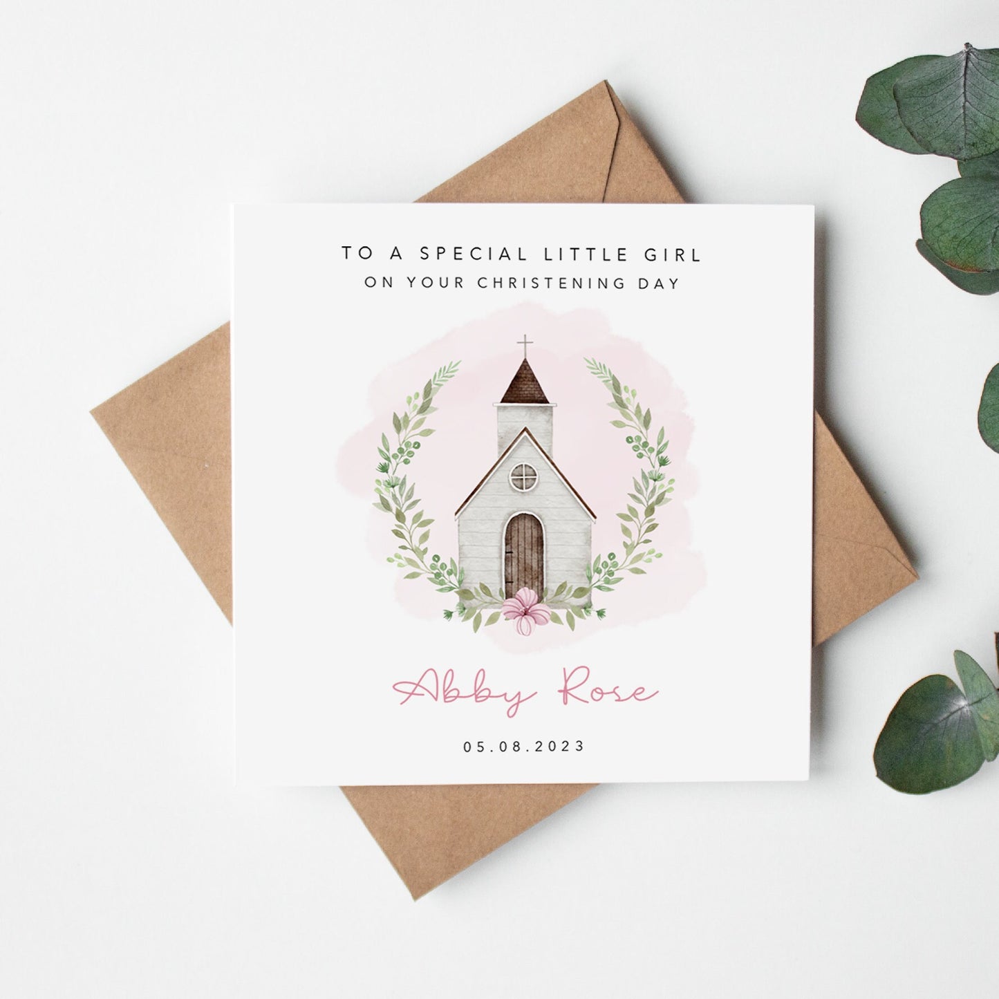 Personalised Christening Baptism Card - Pink Chapel Church
