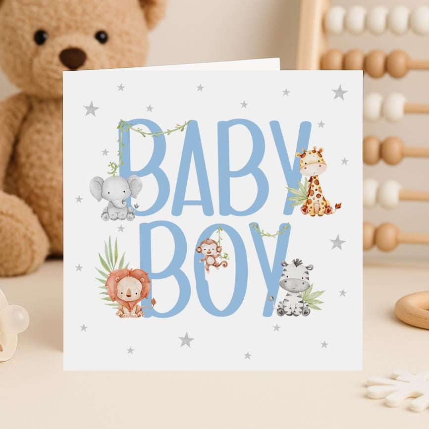 Cute safari animal baby boy card featuring blue BABY BOY text with elephant, giraffe, lion, monkey, and zebra – new baby congratulations card