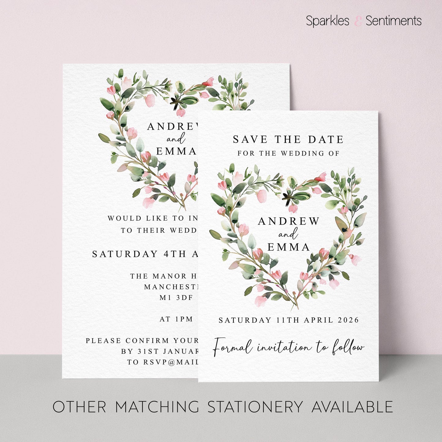 Greenery Heart Wedding Invitation - Leaves with Pink Flowers