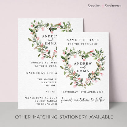 Greenery Heart Wedding Invitation - Leaves with Pink Flowers