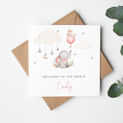 Pink Elephant New Baby Card - Welcome to the World
