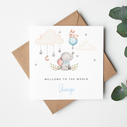 Blue Elephant New Baby Card - Welcome to the World