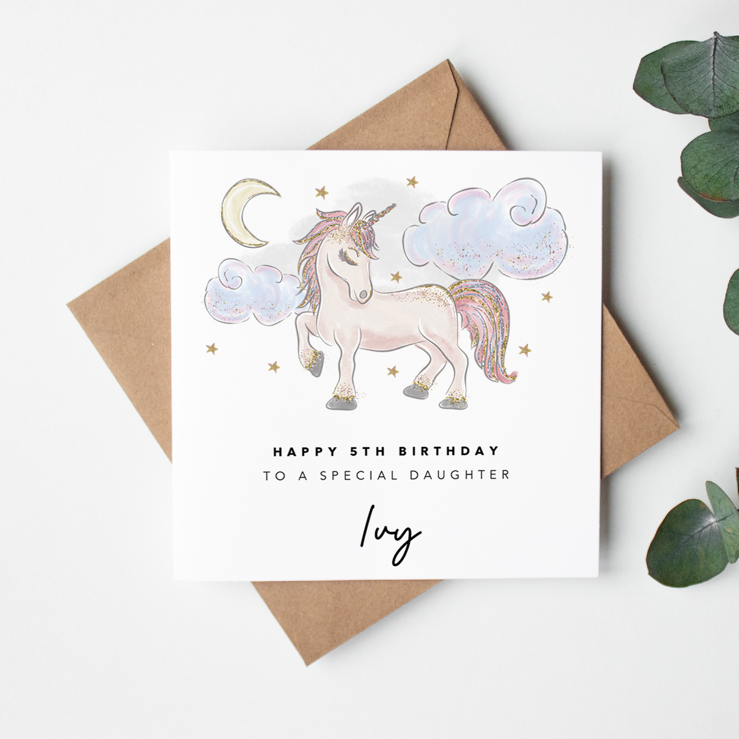 Unicorn with printed glitter effect Personalised Birthday Card