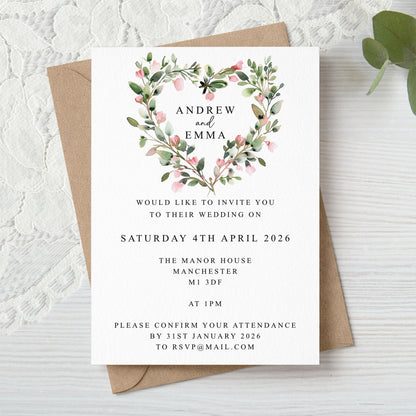 Greenery Heart Wedding Invitation - Leaves with Pink Flowers