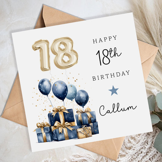 Personalised 18th Birthday Card for Him - Blue and Gold Balloons |  B59