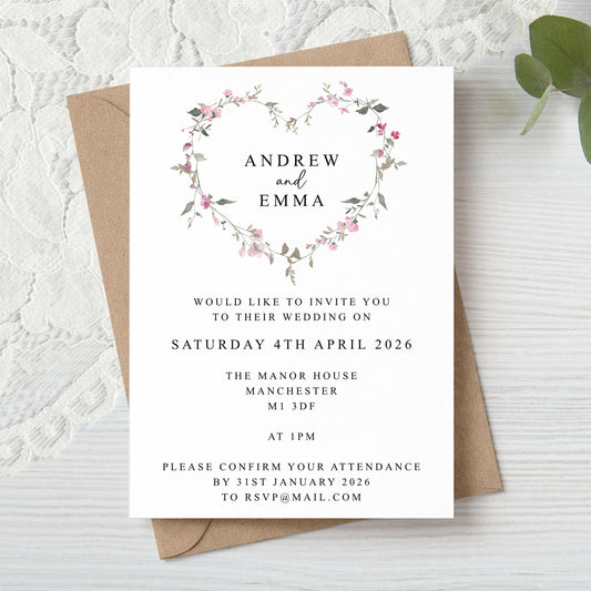 Blush Pink Floral Heart Wedding Invitation