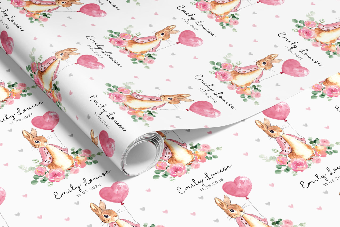 Personalised Pink Rabbit Christening Gift Wrap |  Wrapping Paper |  WRAP0044