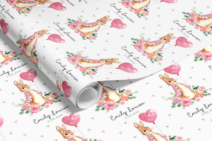Personalised Pink Rabbit Christening Gift Wrap |  Wrapping Paper |  WRAP0044