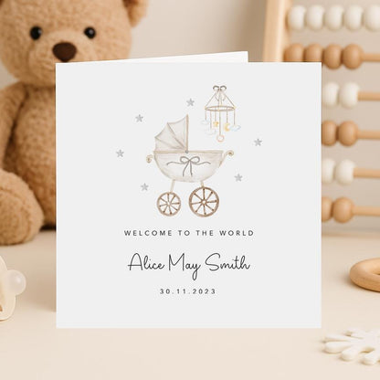 Personalised neutral new baby card with vintage pram design – welcome to the world card for newborn baby gift or christening keepsake
