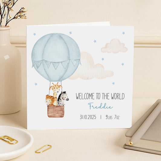 Personalised New Baby Boy Card - Hot Air Balloon with Animals