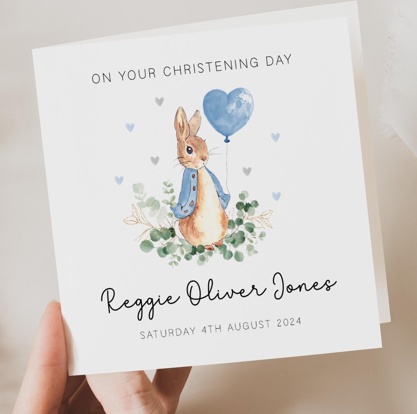 Classic Bunny Rabbit Christening Card - Blue Balloon